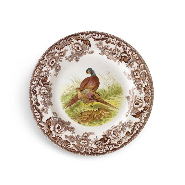 Spode Woodland earthenware soup plate featuring a pheasant illustration and brown British Flowers border.