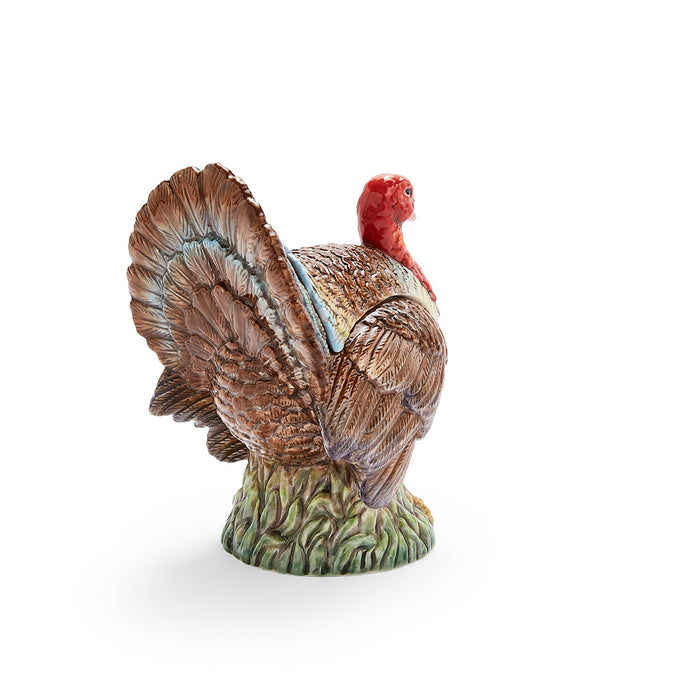 Spode Woodland dolomite turkey gravy boat with textured brown feathers and a red head on a grassy base.