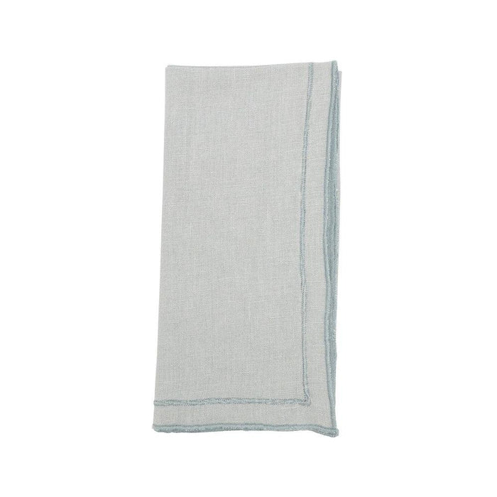 Light blue 20-inch stonewashed linen napkin with a decorative overlock stitched border on a white background.