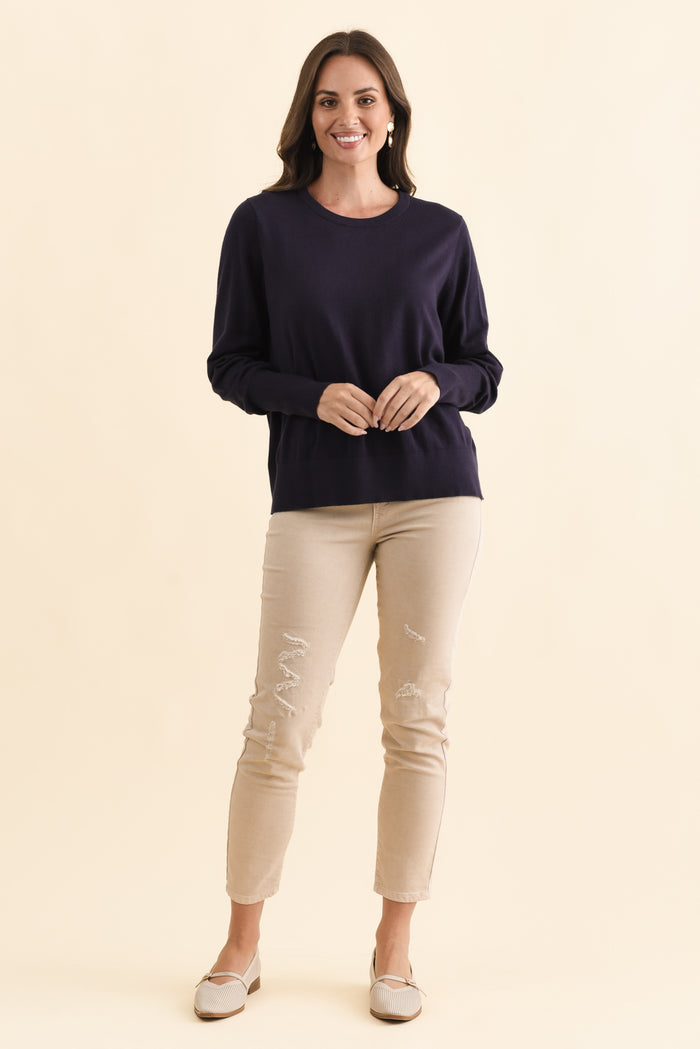 Sunny Navy Long Sleeve Knit Top,Brunette model,alt text|model:MJ