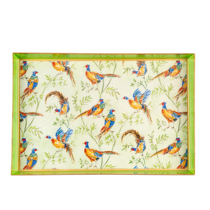 8x12-inch rectangular enameled tray featuring a colorful pheasant and bamboo pattern with a bright green border.
