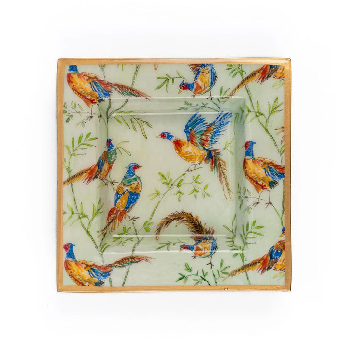 Square enameled tray featuring colorful pheasant illustrations on a pale green background with a gold-tone rim.