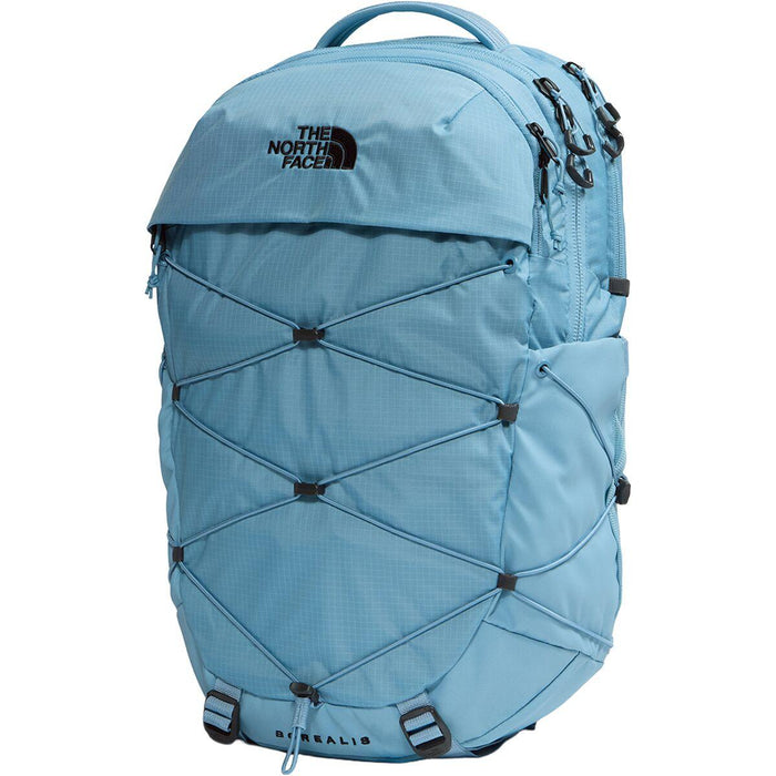 Light blue The North Face Women's Borealis backpack with front bungee cord system and black logo on a white background.