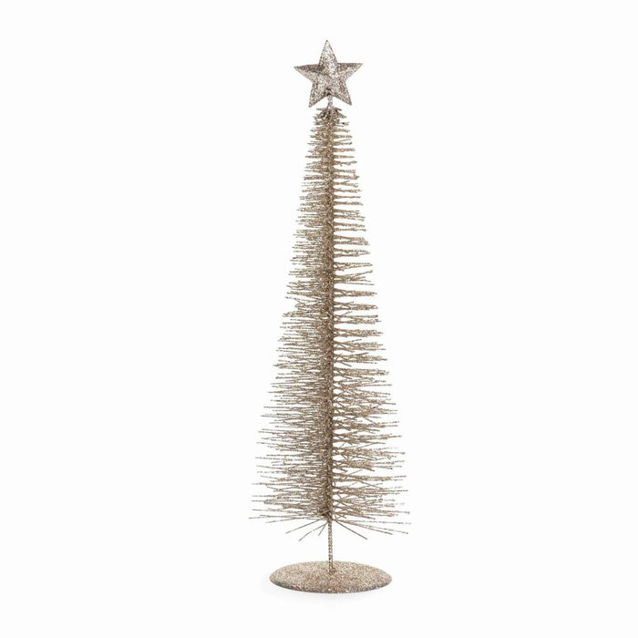 Treasure Mountain champagne-colored decorative tree with a sparkling finish and a star topper on a round base.