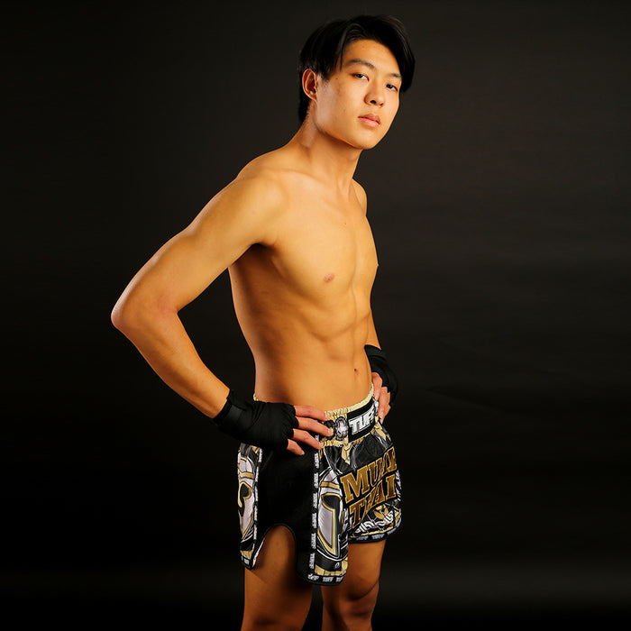 TUFF Muay Thai Boxing Shorts Retro Style Golden Gladiator in Black