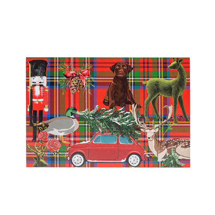 Clear acrylic vanity tray featuring a festive red plaid pattern with nutcracker, dog, deer, and vintage car holiday motifs.