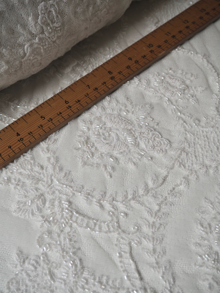White Beaded Floral Scallop Net Lace