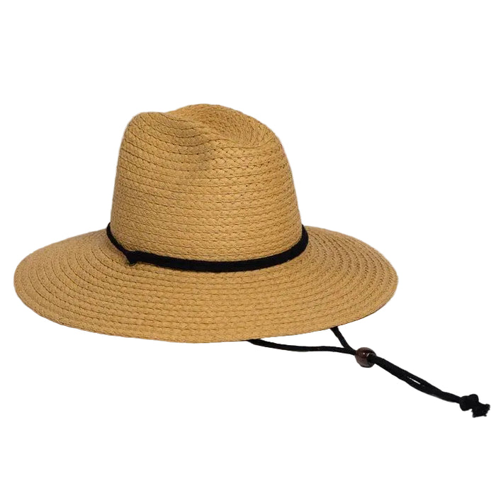 Tan paper straw sun hat with a wide brim, black cotton cord trim, and an adjustable black chinstrap.