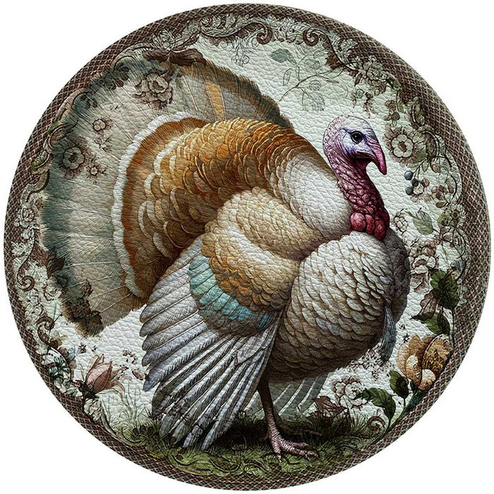 Round Woodland Sporting placemat featuring a turkey design on textured caviar vinyl, 16-inch diameter.