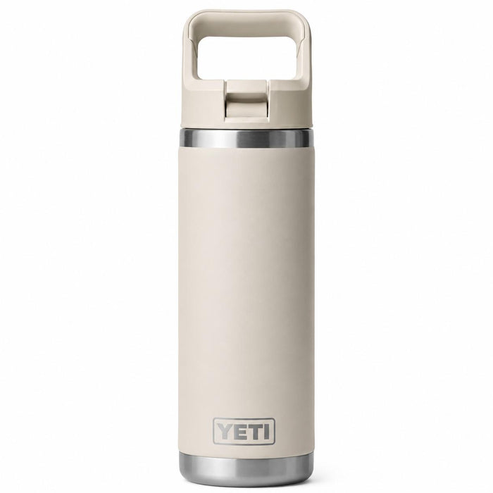 Sand-colored YETI Rambler 26 oz stainless steel water bottle with a leak-resistant straw cap and TripleHaul handle.