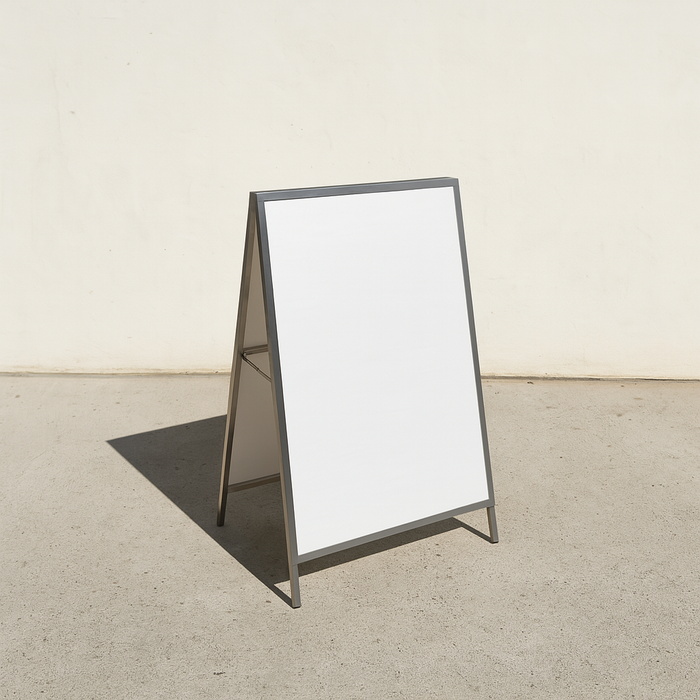 Metal A-frame sign holder with a blank white poster insert.