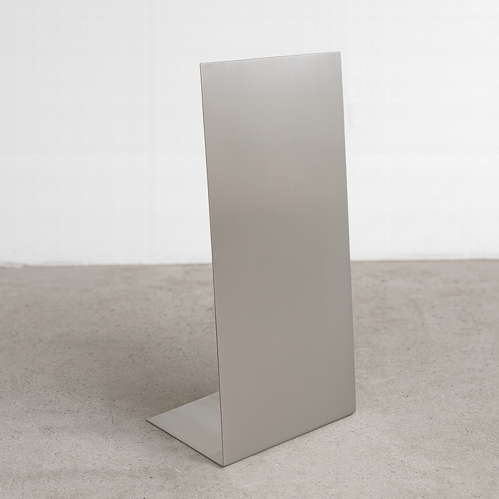 Blank slanted brushed stainless steel floor sign with a flat bent base.