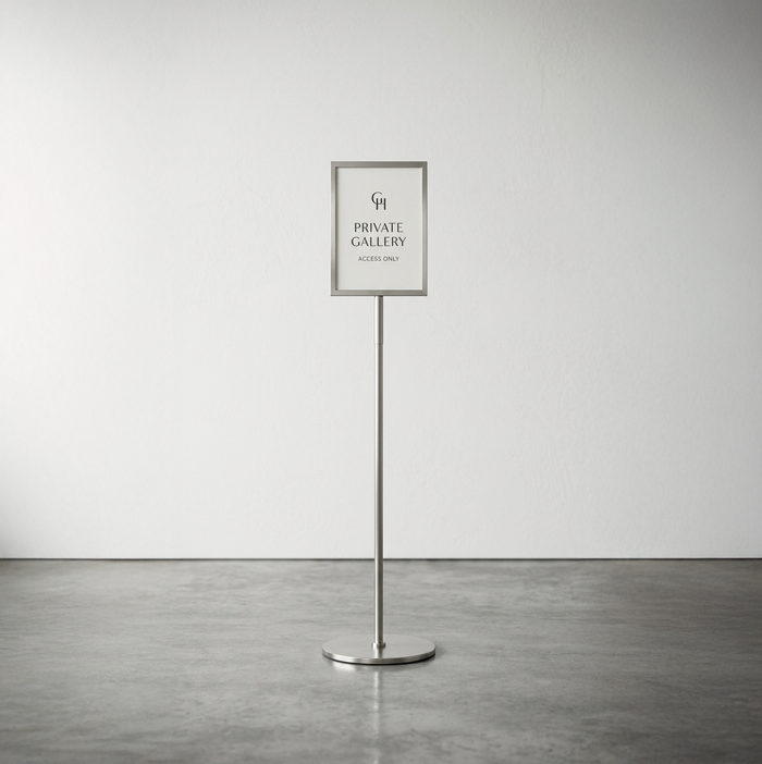 Stainless steel pole sign displaying a framed Print Gallery notice.