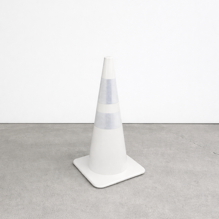 White traffic cone with two reflective bands and a square base.