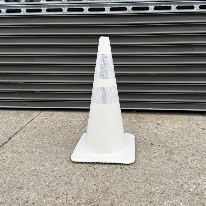 Front view of a white traffic cone with two reflective bands.