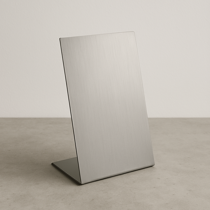 Mirrored stainless steel tabletop stand with a backward-leaning rectangular face.