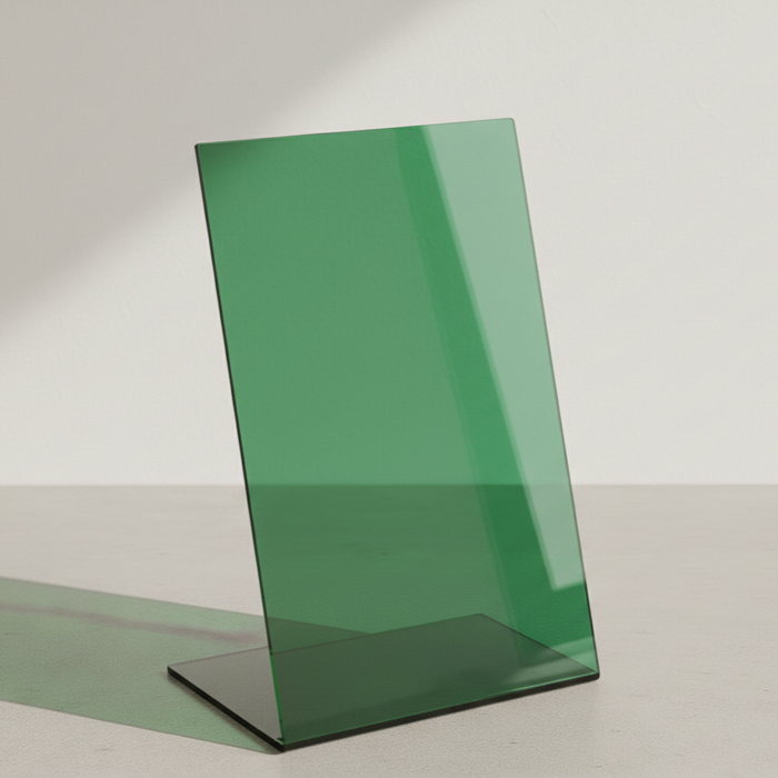 Green transparent acrylic tabletop stand in portrait orientation with a bent base.