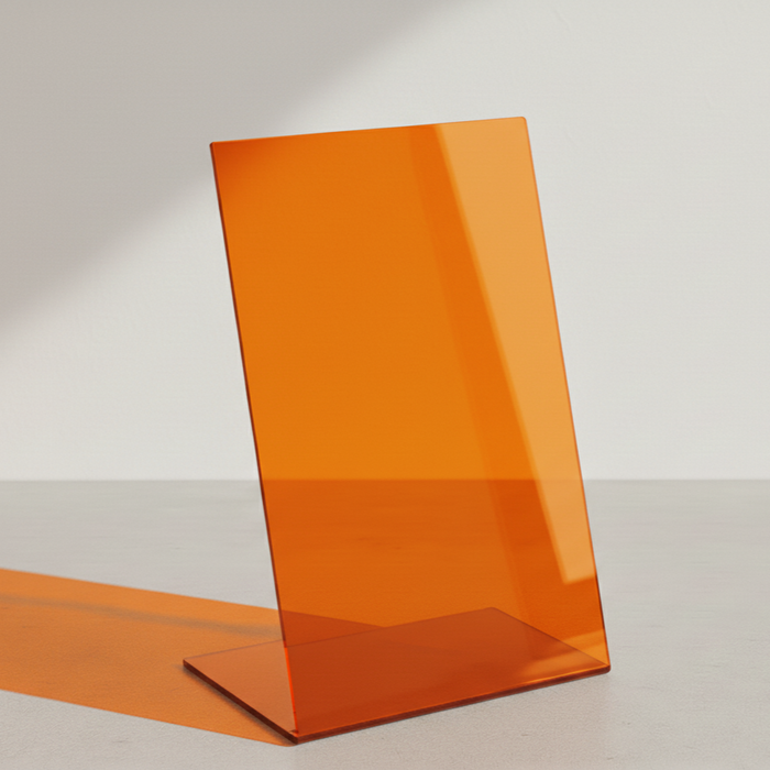 Orange transparent acrylic tabletop stand in portrait orientation with a bent base.