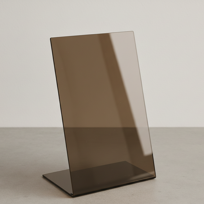 Bronze smoke acrylic tabletop stand in portrait orientation with a bent base.