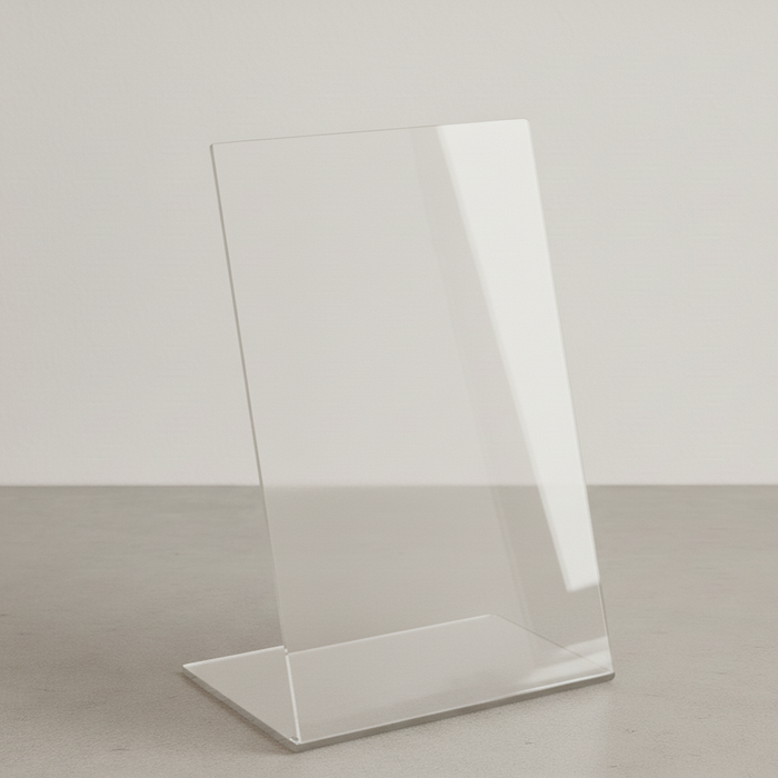 Clear acrylic tabletop stand in portrait orientation with a bent base.