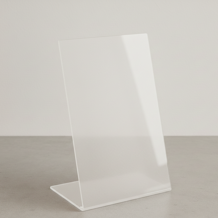 Clear matte acrylic tabletop stand in portrait orientation with a bent base.