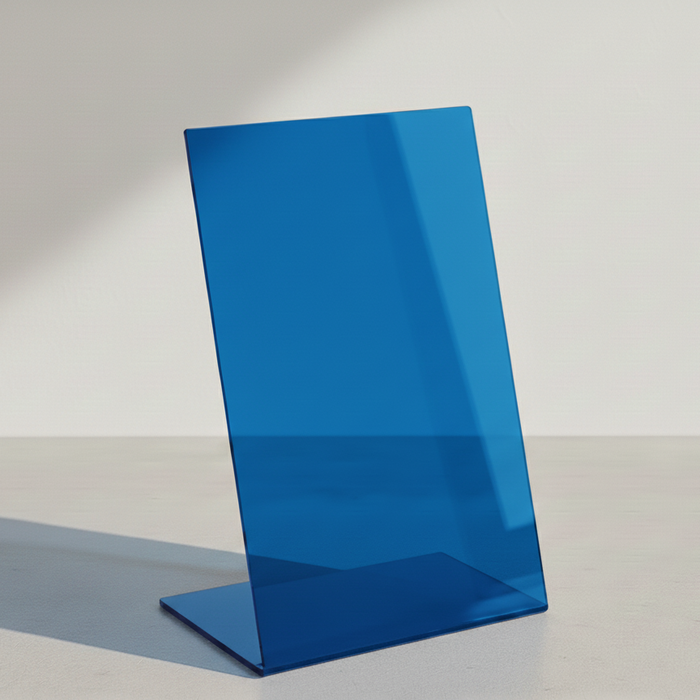 Blue transparent acrylic tabletop stand in portrait orientation with a bent base.