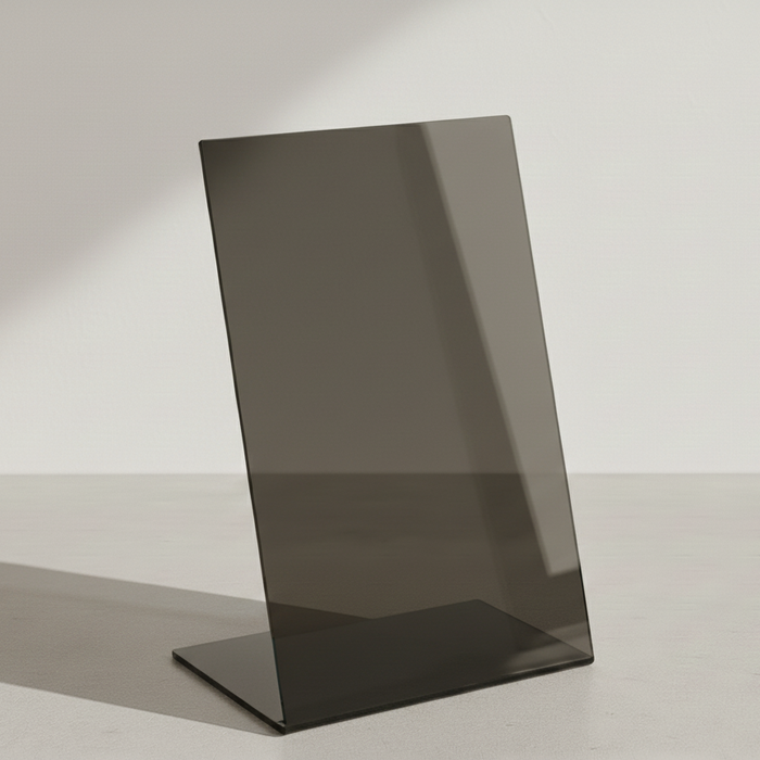 Gray smoke acrylic tabletop stand in portrait orientation with a bent base.