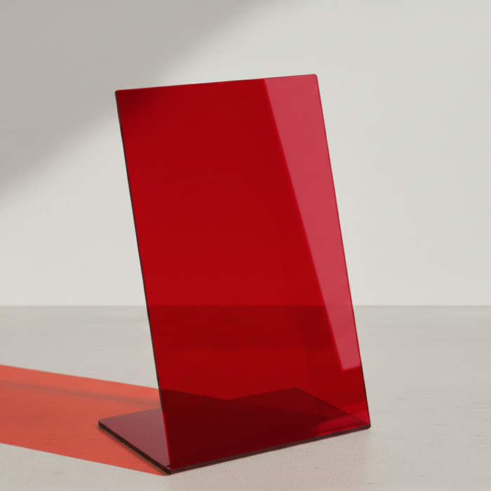 Red transparent acrylic tabletop stand in portrait orientation with a bent base.