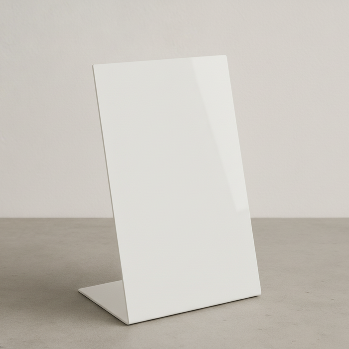 White opaque acrylic tabletop stand in portrait orientation.