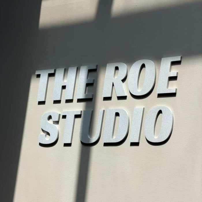 Close-up of dimensional aluminum letters spelling The Roe Studio in sunlight.
