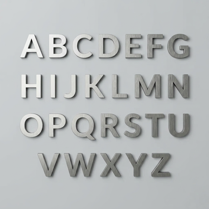 Dimensional aluminum alphabet letters arranged in rows.