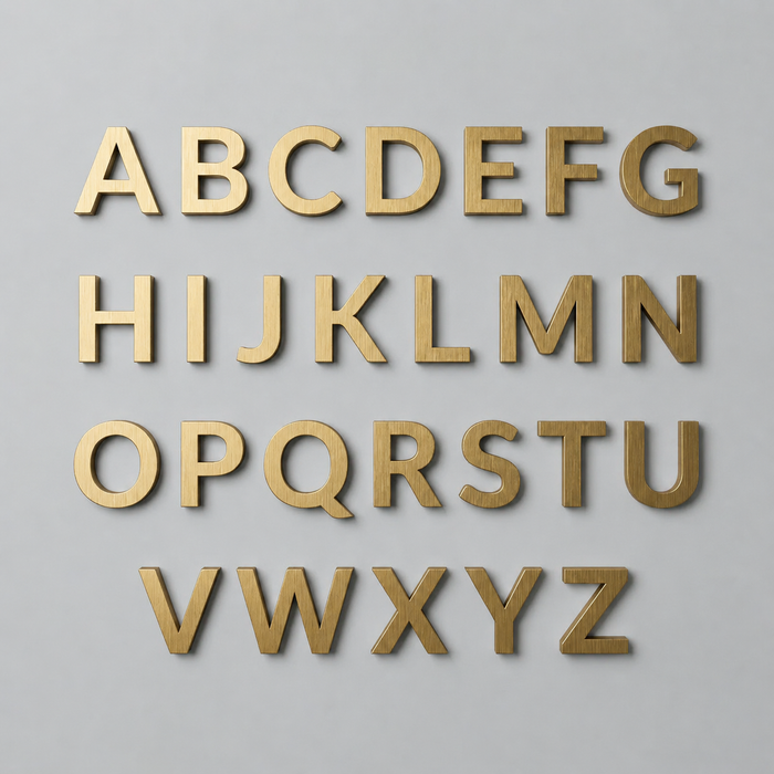 Brass alphabet letters arranged in rows.