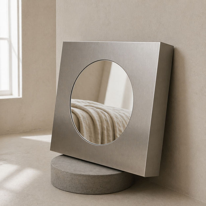 Square stainless steel Forma mirror with a circular inset, leaning on a round pedestal.