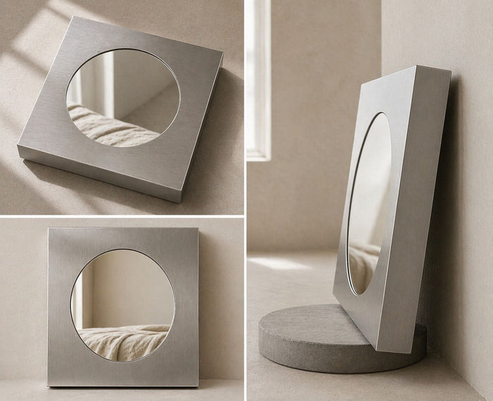 Three views of a square stainless steel Forma mirror showing the front and frame depth.