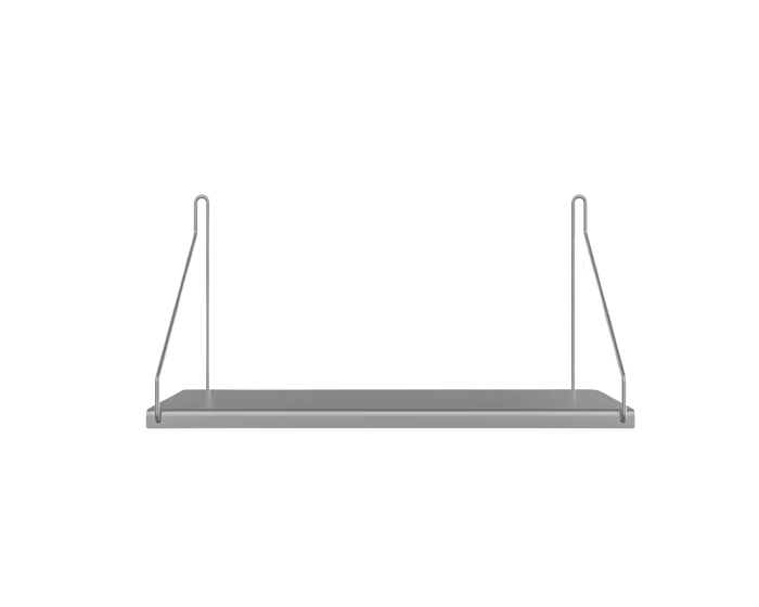 Compact stainless steel wall shelf with triangular wire brackets.