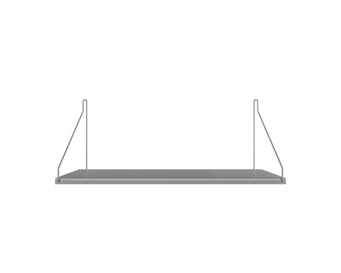Deep wide stainless steel wall shelf with triangular wire brackets.