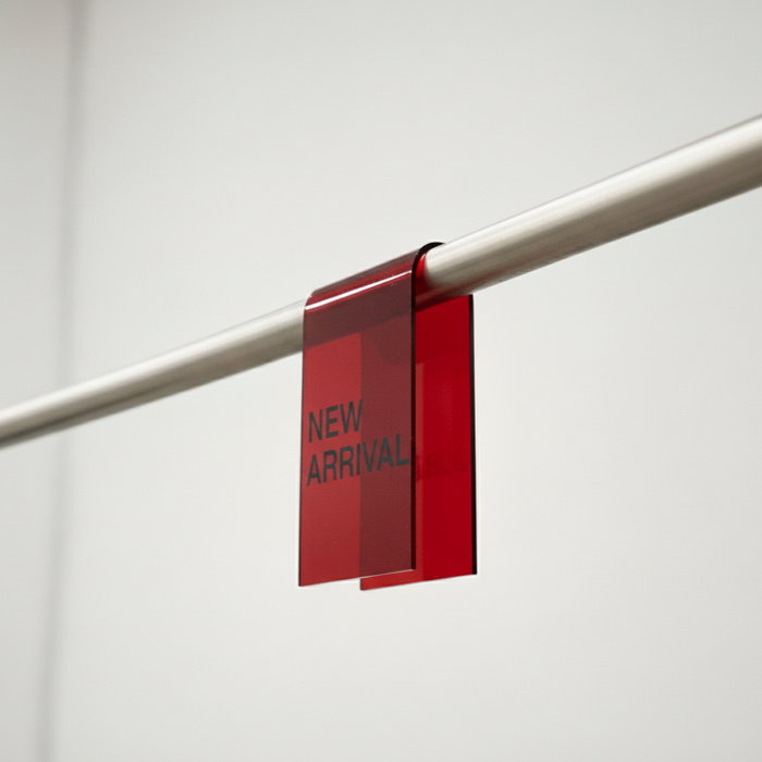 Red acrylic clothing rack sign clip with New Arrival lettering on a rail.