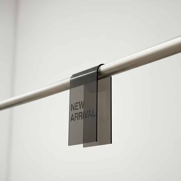 Gray smoke acrylic clothing rack sign clip with New Arrival lettering on a rail.
