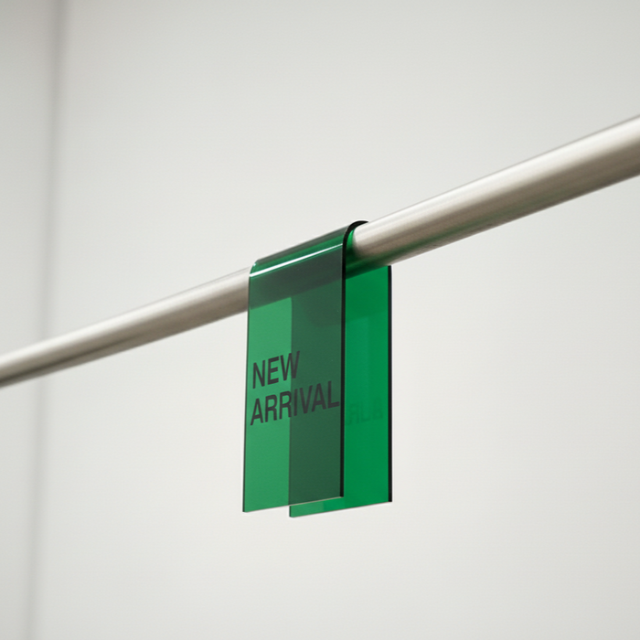 Green acrylic clothing rack sign clip with New Arrival lettering on a rail.