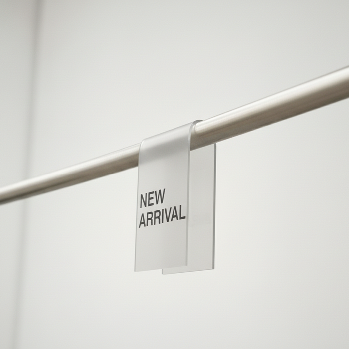 Clear matte acrylic clothing rack sign clip with New Arrival lettering on a rail.