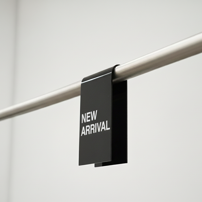 Black opaque acrylic clothing rack clip with white New Arrival lettering.