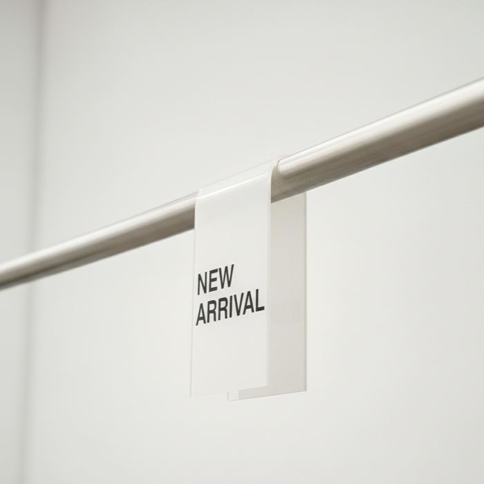 White opaque acrylic clothing rack clip with black New Arrival lettering.