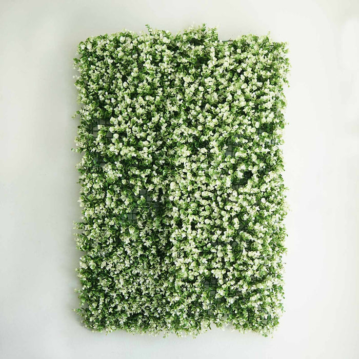 11 Sq ft. | 4 Panels Artificial Boxwood Hedge Faux Genlisea with White Tips Foliage Green Garden Wall Mat