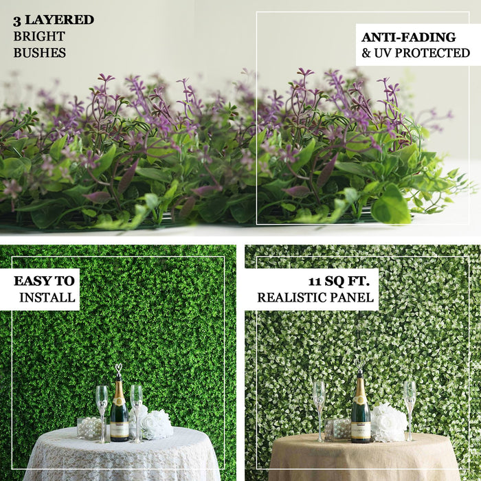 11 Sq ft. | 4 Panels Artificial Boxwood Hedge Faux Genlisea with White Tips Foliage Green Garden Wall Mat