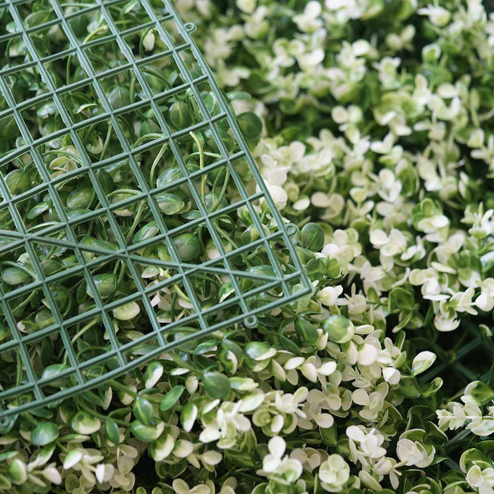 11 Sq ft. | 4 Panels Artificial Boxwood Hedge Faux Genlisea with White Tips Foliage Green Garden Wall Mat