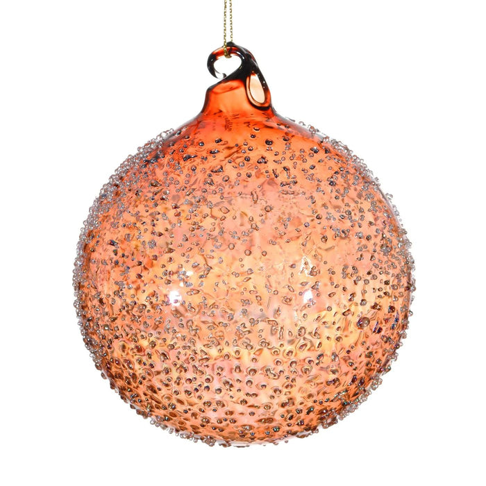 120mm hand-blown amber glass ball ornament featuring intricate, sparkling beaded texture for holiday decor.
