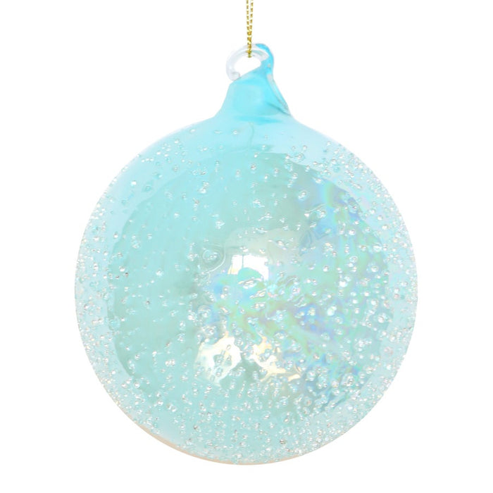 120mm hand-blown light blue glass ball ornament with intricate beaded texture and an iridescent, shimmering finish.