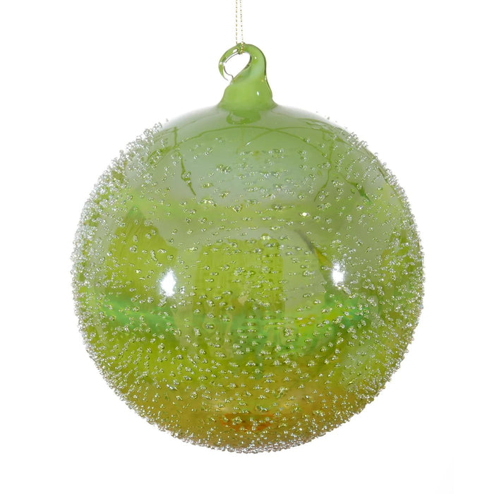 120mm hand-blown lime green glass ball ornament featuring intricate beaded texture and a reflective finish.