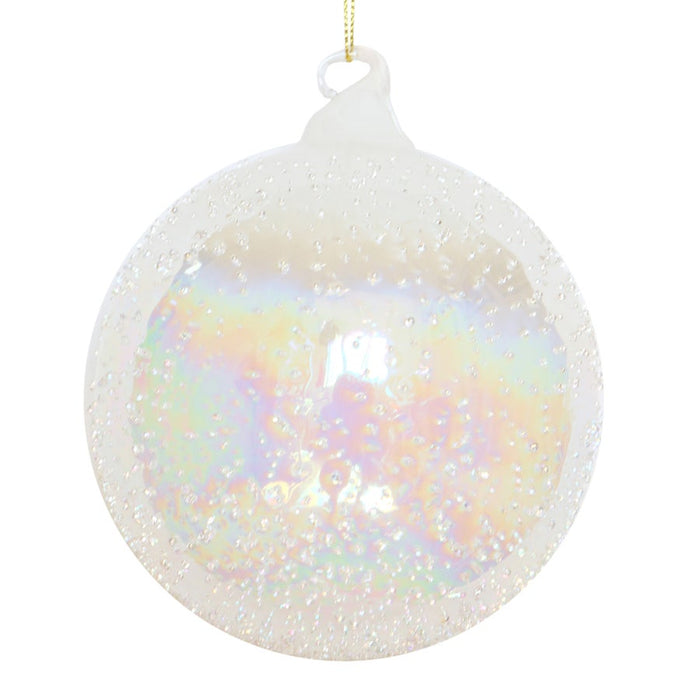 120mm hand-blown glass ball ornament with iridescent finish and intricate beaded texture for holiday decor.