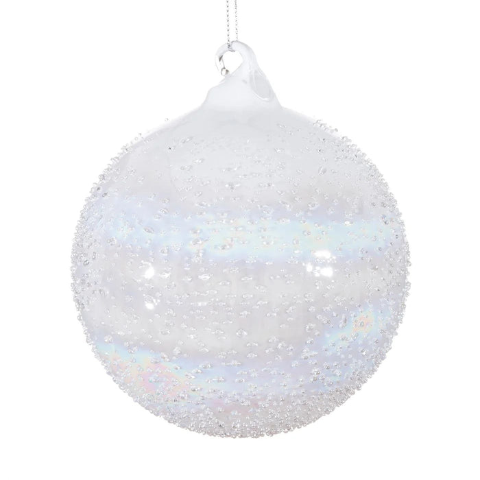 120mm hand-blown glass Christmas ornament with iridescent finish and intricate clear beaded texture.